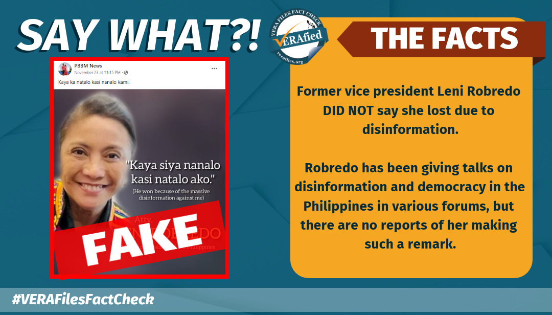 VERA FILES FACT CHECK: FAKE Robredo quote card on election results circulates anew