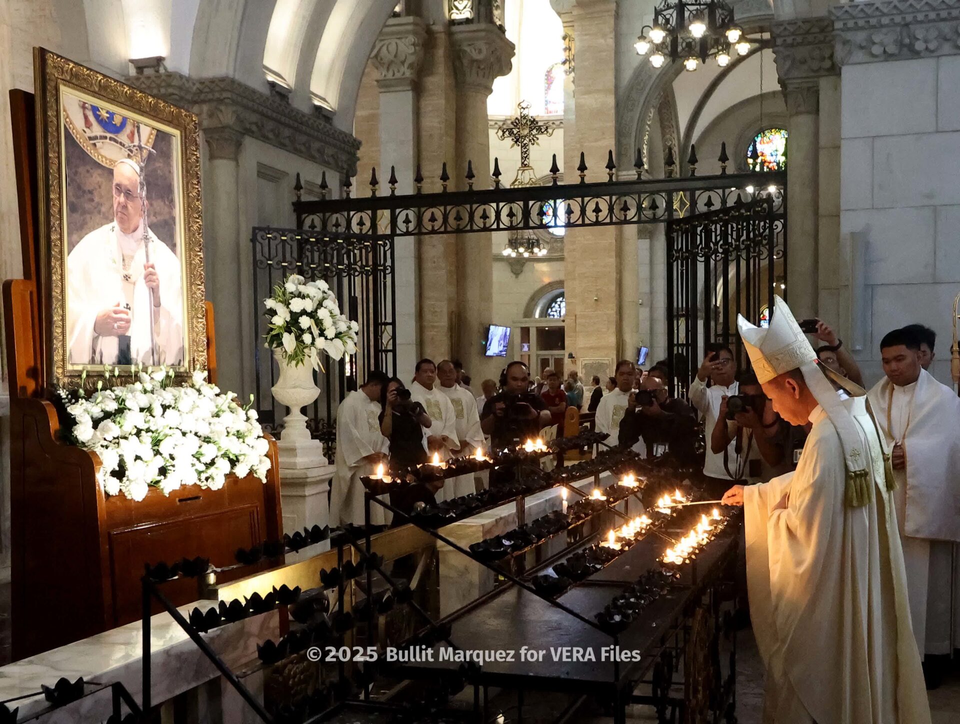 Jose Cardinal Advincula, Archbishop of Manila, prays after a mass for Pope Francis at the Manila Cathedral, April 22. Photo by Bullit Marquez for VERA Files